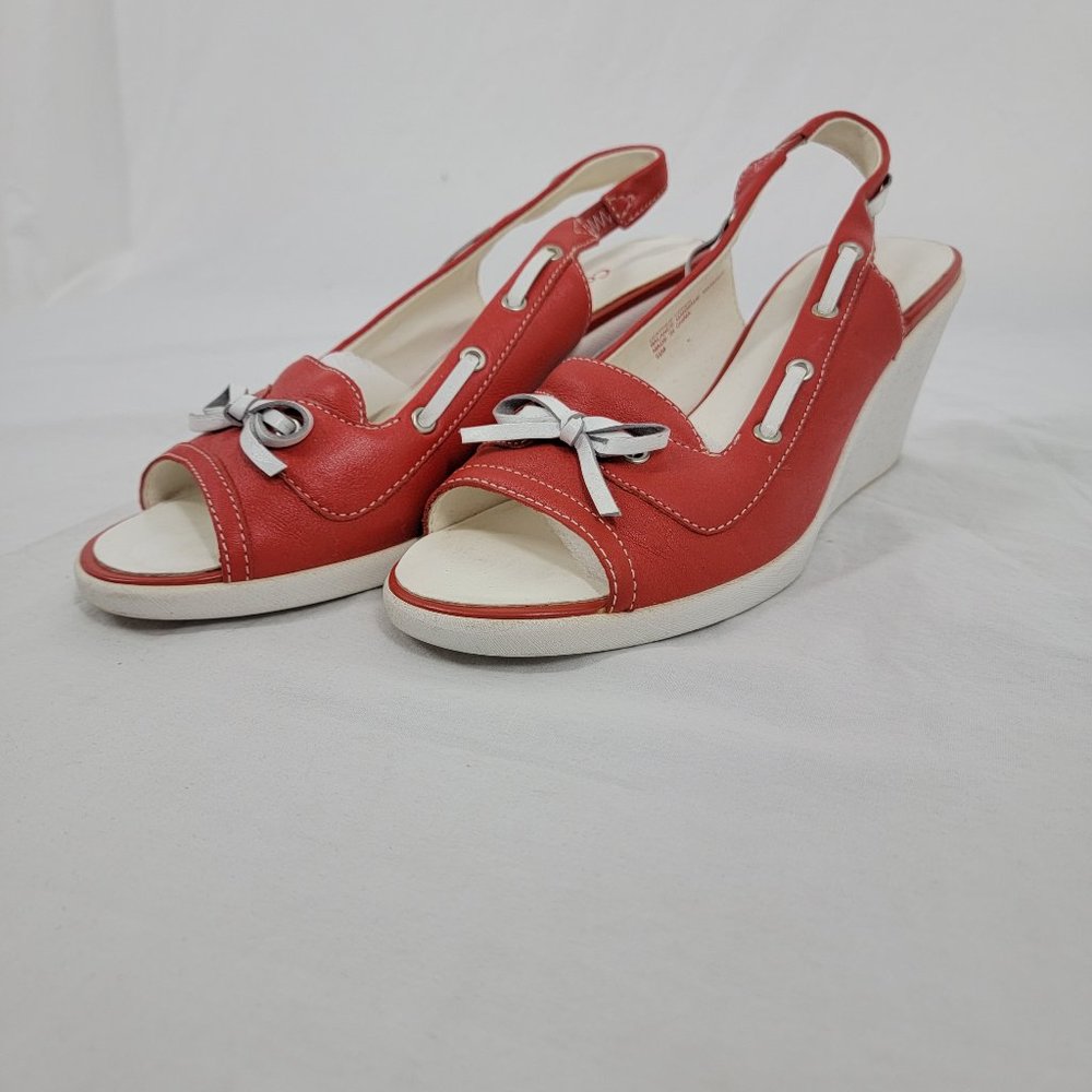 Coldwater Creek Leather Wedge Slingback Open Toe Sandal Orange White Women's 6.5